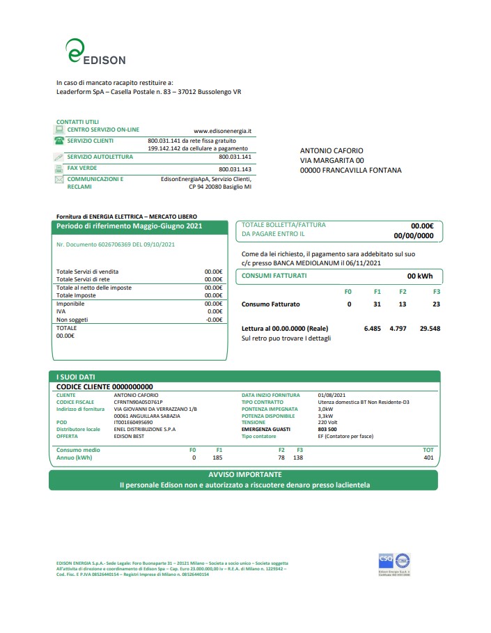 Italy Edison utility bill template in Word and PDF format, good for address prove